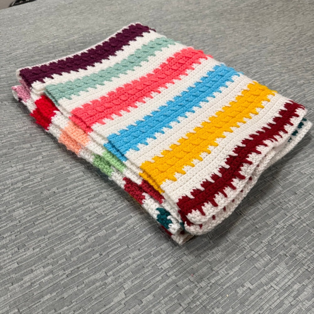 Vintage Handmade Crochet Multicolored Striped‎ 44"x61" Blanket Throw